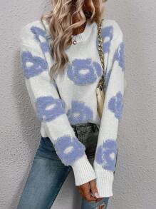 SHEIN LUNE Floral Pattern Drop Shoulder Sweater - Blue - View 4