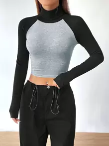 SHEIN EZwear 雙色高領插肩袖短款T恤 - 灰色 - 查看 1