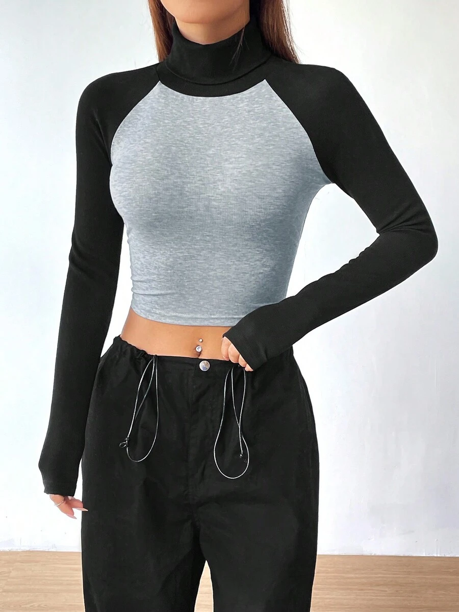 SHEIN EZwear 雙色高領插肩袖短款T恤 - 灰色 - 查看 1