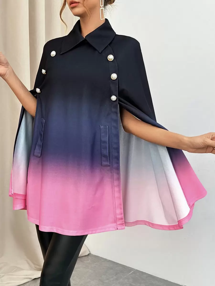 SHEIN Privé 漸層雙排釦斗篷袖斗篷外套