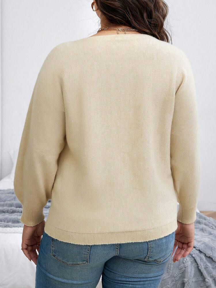 Plus Solid Boat Neck Sweater Knit Pullover Fall Winter Sweater