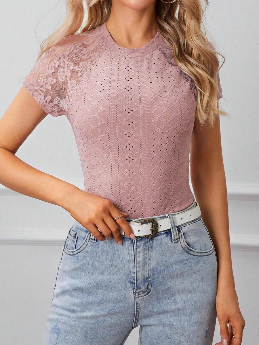 SHEIN Frenchy Contrast Lace Raglan Sleeve Tee - Dusty Pink - View 1