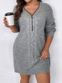 SHEIN Clasi Plus Drop Shoulder Zip Half Placket Sweater Dress, For Winter - Light Grey - View 1