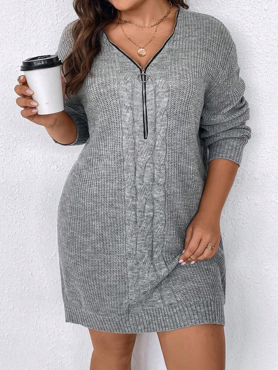 SHEIN Clasi Plus Drop Shoulder Zip Half Placket Sweater Dress, For Winter - Light Grey - View 1