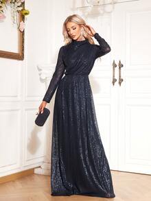 XUIBOL Tüll-Abschlussball-Kleid mit Stehkragen und Pailletten, elegantes langärmliges Abendkleid für Hochzeitsgäste, für Abschluss, Dinner - marineblau - Übersicht 6