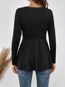 SHEIN LUNE Button Front Fold Pleated Tee - Black - View 2