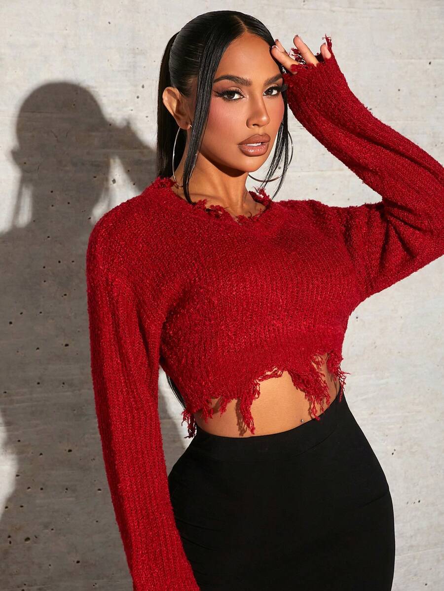 SHEIN SXY Chất rắn Đau khổ Áo len Crop - Đỏ - Xem 1