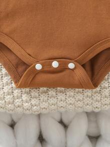 男嬰卡通圖案連身背心&3D耳朵設計帽 - 棕色 - 查看 4