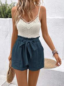 SHEIN Frenchy Women's Summer White Beige CottonSlim-Fit Burnt Flower Embroidery Tank Top And Shorts Set - Navy Blue - View 1