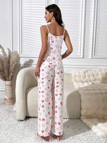 Heart Print Cami Top & Wide Leg Pants PJ Set - White - View 2