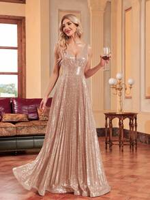 XUIBOL Plunging Neck Sequin Formal Dress