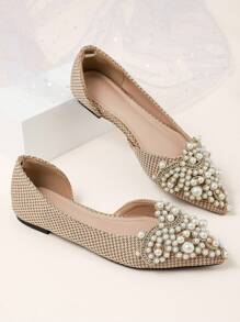 Women Faux Pearl Decor Flats, Fashionable Point Toe Ballet Flats - Camel - View 2