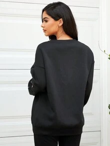 SHEIN 孕婦字母與蝴蝶印花落肩袖套頭衫 - 黑色 - 查看 2