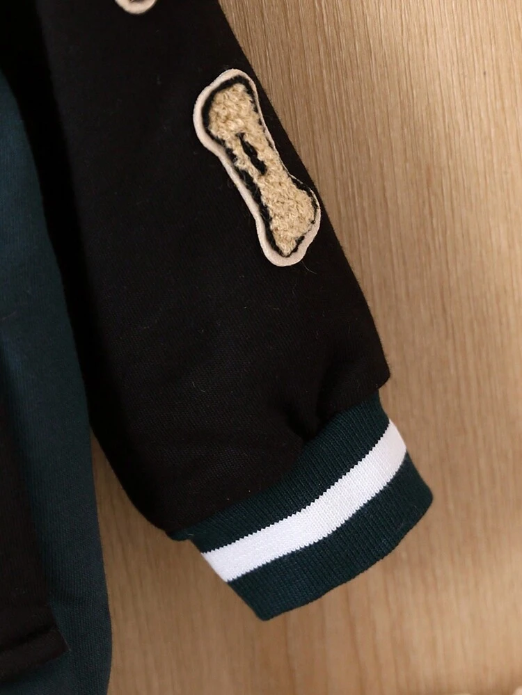 Baby Boy Letter Patched Striped Trim Varsity Jacket Without Hoodie