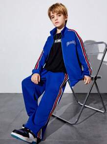 Cậu bé Tween Đồ họa Chữ cái Tương phản Đường may bên Áo khoác & Quần - Màu xanh lam - Xem 3