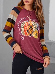 EMERY ROSE Halloween Pumpkin & Slogan Graphic Raglan Sleeve Tee - Burgundy - View 1
