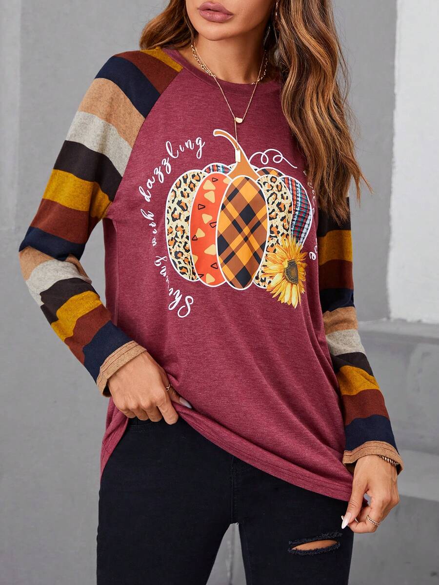 EMERY ROSE Halloween Pumpkin & Slogan Graphic Raglan Sleeve Tee - Burgundy - View 1