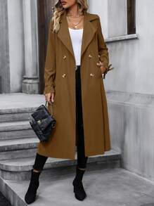 SHEIN LUNE Double Breasted Belted Trench Coat - Brown - View 6