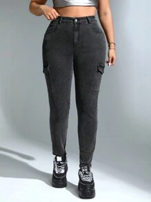 SHEIN ICON 大碼高腰側翻蓋口袋工裝牛仔褲 - 黑色 - 查看 4