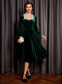 SHEIN DECDS 蕾絲裝飾甜心領燈籠袖天鵝絨連身裙俱樂部女裝綠色連身裙派對女裝長裙連身裙帶袖復古衣服冬季連身裙聖派翠克節 - 綠色 - 查看 1