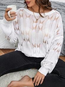 SHEIN CURVE+ 大碼網眼針織落肩袖套頭毛衣 - 白色 - 查看 3