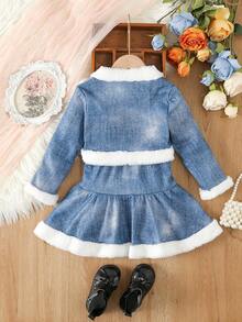 SHEIN 女小童毛茸邊夾克&荷葉邊吊帶洋裝 - 藍色 - 查看 2