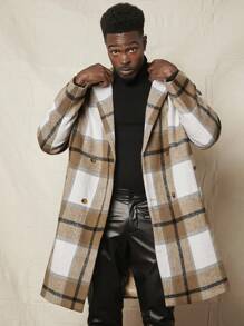 Manfinity VCAY Loose Fit Men's Plaid Double-Breasted Lapel Neck Drop Shoulder Overcoat, For Fall Winter - Khaki - View 6