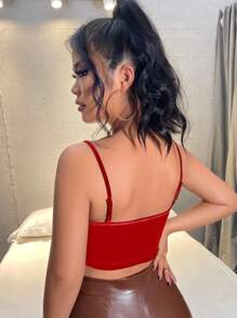 SHEIN SXY Butterfly Chain Detail Crop Velvet Cami Top - Red - View 2