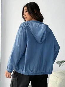 SHEIN EZwear 大碼恐龍印花拉鏈開襟連帽夾克 - 藍色 - 查看 2