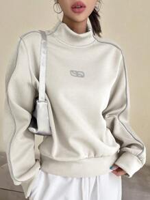 DAZY Geo Graphic Mock Neck Drop Shoulder Sweatshirt,Long Sleeve Tops,Fall Women Clothes - Beige - View 2