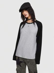 ROMWE Grunge Punk Camiseta de color combinado de manga raglán - Gris - Ver 5