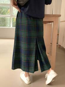 DAZY 女士百搭复古格子印花半身裙 - 綠色 - 查看 2