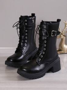 European & American Minimalist Fashionable Autumn/Winter New Western Chunky Mid-Heel Ankle Boots, Ladies Mid-Calf Motorcycle Boots, Go With Leggings Go Withpants, Women Boots - Black - View 6
