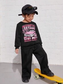 SHEIN Young Boy Car & Letter Graphic Pullover - Black - View 3