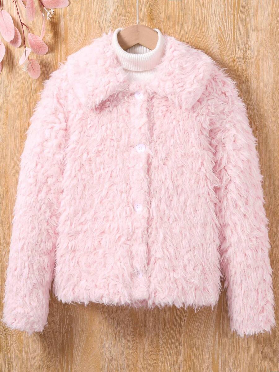 SHEIN Tween Girl 1pc Solid Button Front Fuzzy Coat - Pink - View 1