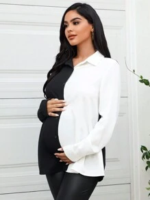 SHEIN Maternidad Blusa de dos tonos con botón delantero - Blanco y Negro - Ver 5