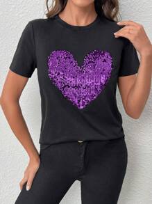 SHEIN Essnce T-shirt À Paillettes Avec Motif Cœur - Prune - Voir 3