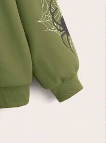 SHEIN Coolane 加大码蜘蛛网印花拉链落肩卫衣 - 軍綠色 - 查看 3