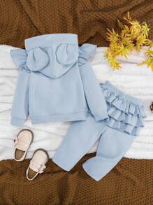 SHEIN Baby Girl Ruffle Trim 3D Ears Hoodie & Pants - Blue - View 1