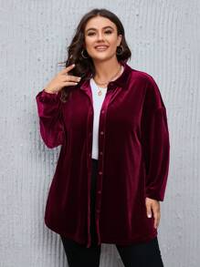 SHEIN LUNE 大碼落肩袖絲絨襯衫 - 酒紅色 - 查看 6