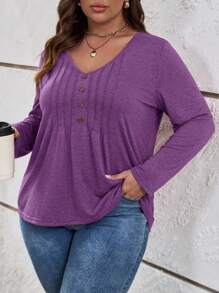 SHEIN LUNE Plus Size Women's Solid Color Button Design V-Neck Long Sleeve Casual T-Shirt - Purple - View 4