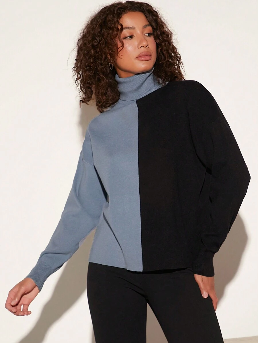 SHEIN BASICS Two Tone Turtleneck Drop Shoulder Sweater - Multicolor - View 1