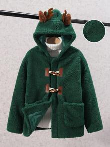 SHEIN 男大童雙口袋落肩 3D 耳朵設計連帽外套 - 墨綠色 - 查看 1