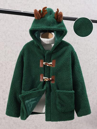 SHEIN Tween Boy Dual Pocket Drop Shoulder 3D Ear Design Hooded Coat