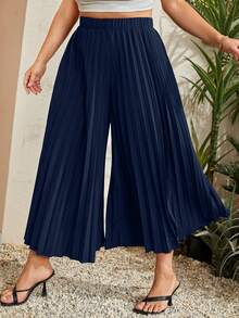 SHEIN Holidaya Hơn Chất rắn Xếp li Quần ống rộng - Màu xanh hải quân - Xem 5