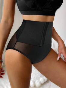 Contrast Mesh Hook And Eye Shapewear Panty - Black - View 3