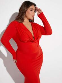 SHEIN X GiudiceGirls Plus Gola Drapeada Bainha De Sereia Vestido - Vermelho - Ver 6