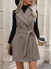 SHEIN Clasi Double Breasted Belted Vest Overcoat - Dark Grey - View 5