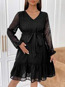 SHEIN 孕婦圓點燈籠袖荷葉邊繫腰帶洋裝 - 黑色 - 查看 1