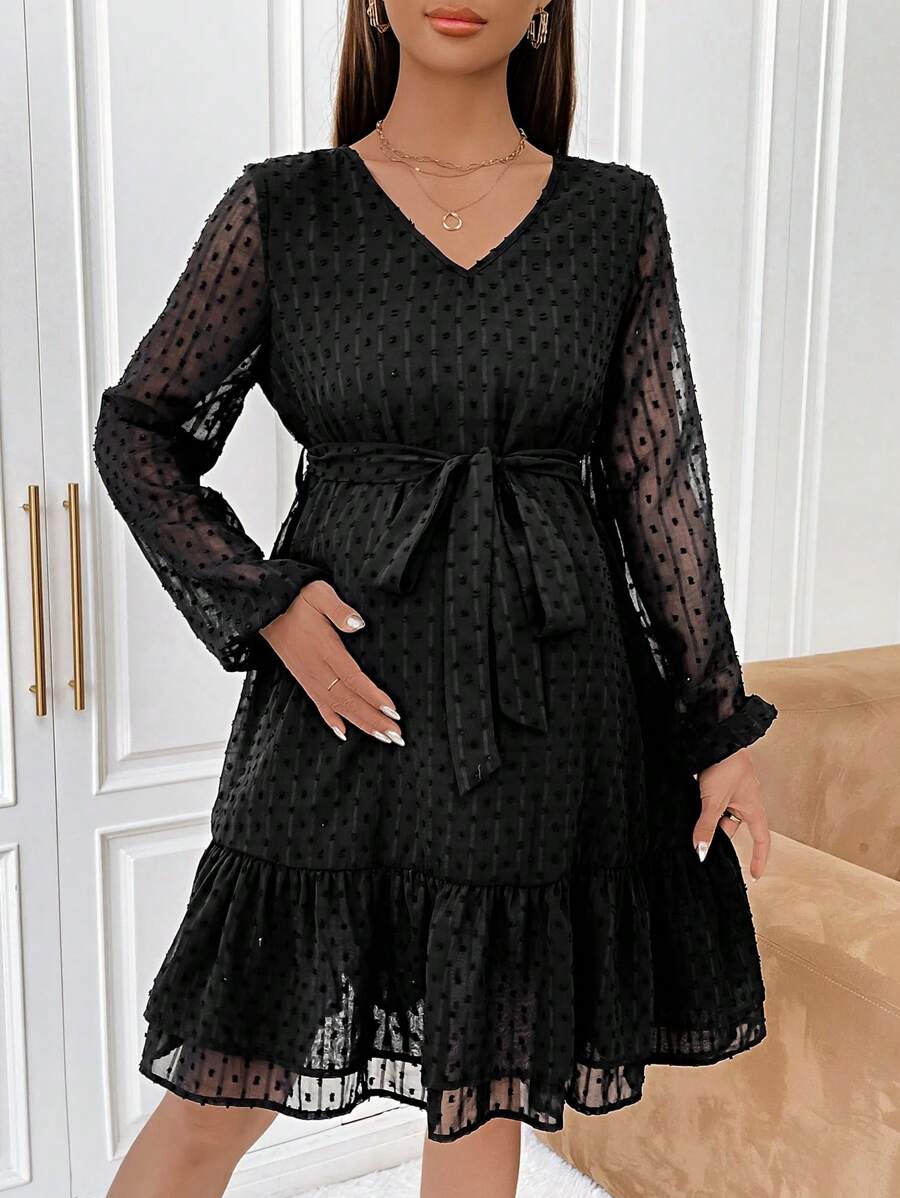 SHEIN 孕婦圓點燈籠袖荷葉邊繫腰帶洋裝 - 黑色 - 查看 1